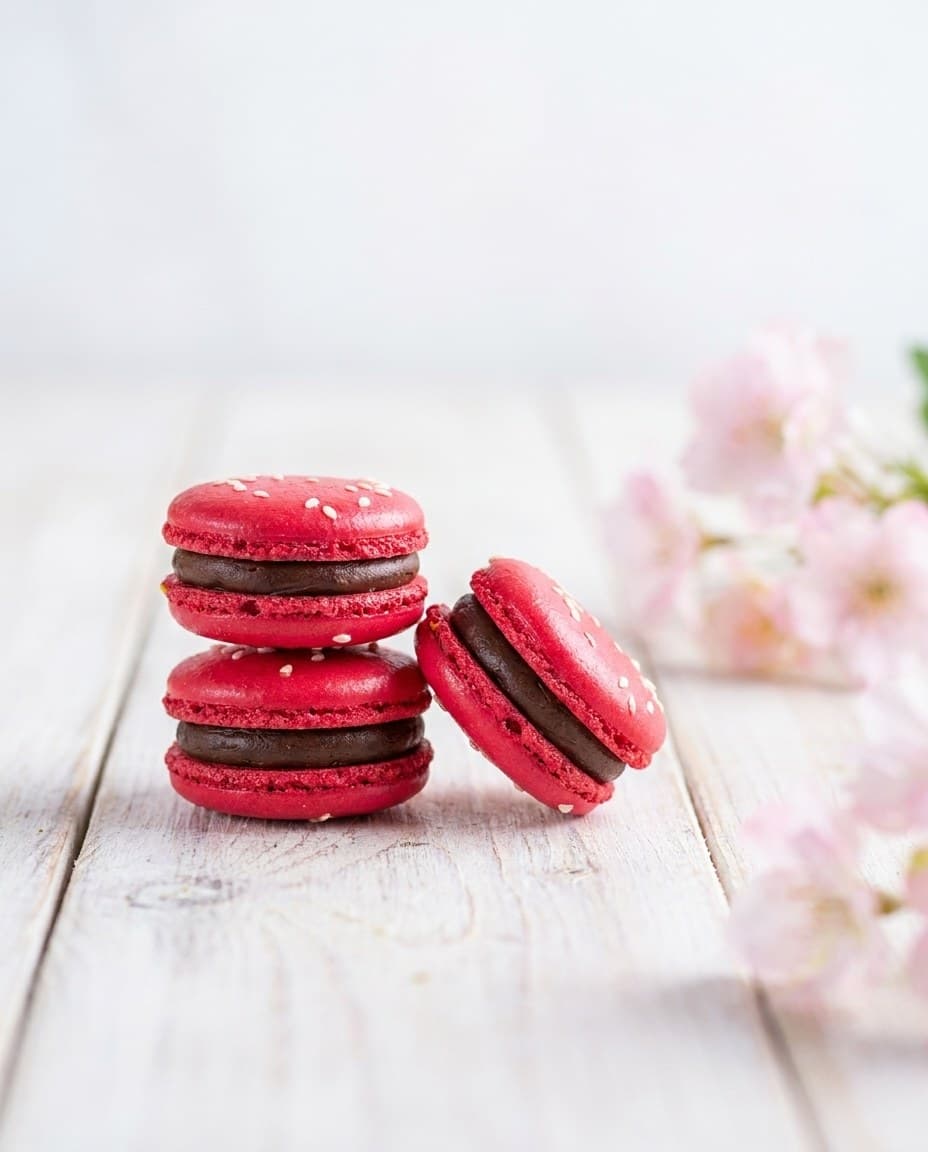 Macarons Căpșună cu ciocolată neagră — MAYARONS